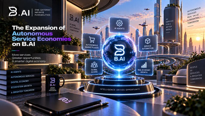 Promotional graphic for B.AI titled 'The Expansion of Autonomous Service Economies on B.AI,' highlighting AI Agents, Autonomous Marketplaces, and Global Access.