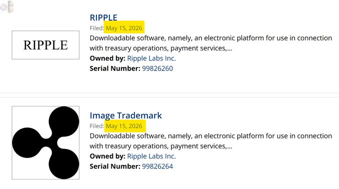 The image shows a screenshot of a website that displays information about two different trademarks related to the Ripple cryptocurrency platform. The first logo, which is black, is located at the top left corner of the screen, while the second logo, also black, is positioned in the bottom right corner. Both logos are accompanied by text that provides details about these trademarks and their connection to Ripple.
