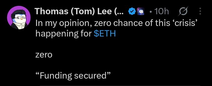 The image features a message from someone named Thomas (Lee) that reads, "In my opinion, zero chance of this crisis happening forETH fundraising secured". The post seems to be about an investment opportunity or a discussion related to cryptocurrency, specifically etherium.