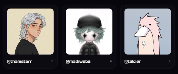 Three NFT avatar cards displayed on a dark background, featuring @thanistarr (white-haired anime character), @madiweb3 (teal-haired figure in black), and @telcier (pink bird mascot).