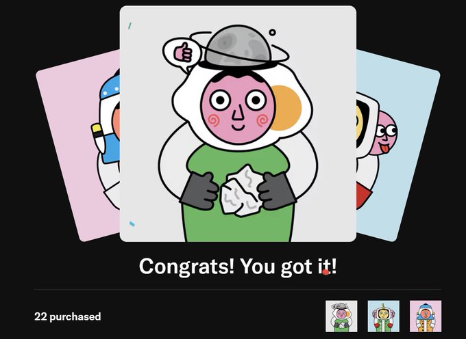A digital rewards screen displays three overlapping cartoon-style NFT cards, with the central card featuring a cheerful character in a green shirt, white hood, and Saturn-like ring hat, holding a crumpled paper, beneath the message "Congrats! You got it!" with "22 purchased" shown at the bottom. The image illustrates the 25 Mocaverse NFTs being distributed as rewards to participants of the Minds registration promotion.
