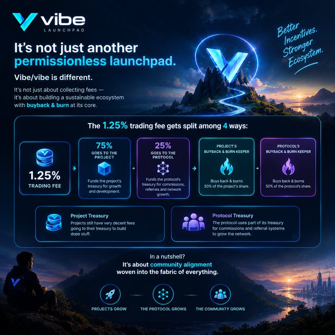 An infographic for 'vibe LAUNCHPAD' explaining that the 1.25% trading fee is split four ways: 75% to the project, 25% to the protocol, plus project and protocol buyback & burn keepers.