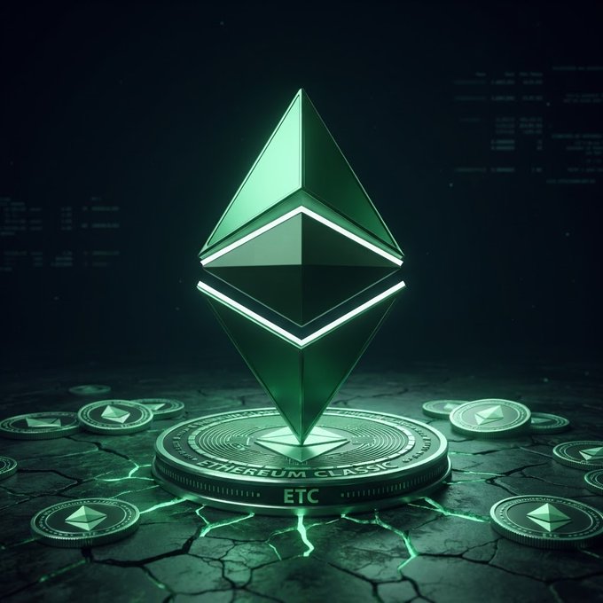 Digital artwork of a glowing green Ethereum Classic (ETC) cryptocurrency symbol standing on a platform surrounded by coins on cracked ground.