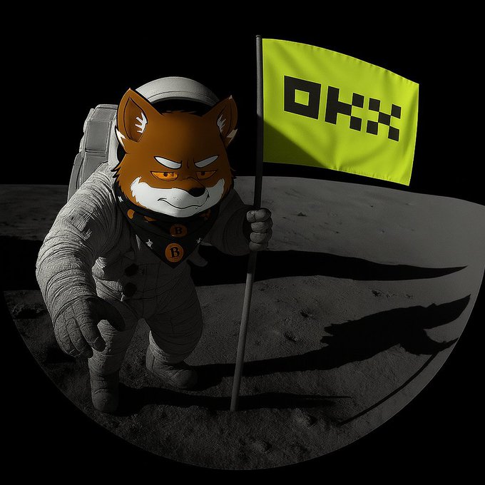 An anime-style illustration depicts a Shiba Inu dog dressed as an astronaut planting a yellow flag with "OKX" written on it, while standing on what appears to be a lunar surface.