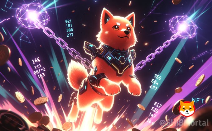 The image depicts a fierce, armored Shiba Inu dog breaking free from glowing purple chains surrounded by floating coins and digital numbers (021, 388, 277, 555, etc.), with "NFT" and "@Shibportal" watermarks visible—symbolizing the Shiba Inu ($SHIB) ecosystem's "shattering" of meme coin limitations and unleashing new multichain utility, NFT offerings like SOU, and Shibarium's milestone of 1 billion transactions as described in the post.