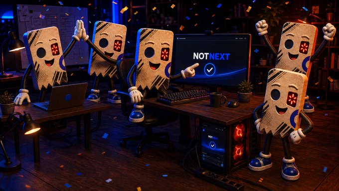 A 3D-rendered scene of anthropomorphized cardboard box characters with cartoon faces celebrating around a computer monitor displaying 'NOT NEXT' with confetti falling around them.