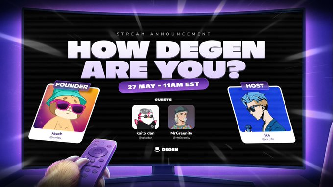 A television screen displays a black background with white text announcing the Stream Announcement "How Degen Are You?".