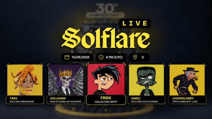 A promotional graphic for a live "Solflare" stream on 15/09/2026 at 4 PM (UTC), featuring pixel-art avatars of hosts Trav (Solflare Ambassador), Callahan (Head of Global Key Accounts), Frisk (Collector Crypt), Ginsu (Solflare Dojo Founder), and LegendDarry (Open Community Lead), with "30th Anniversary" faintly visible in the background—matching the post's announcement of a live pack-opening stream celebrating 30 years with a mystery guest.