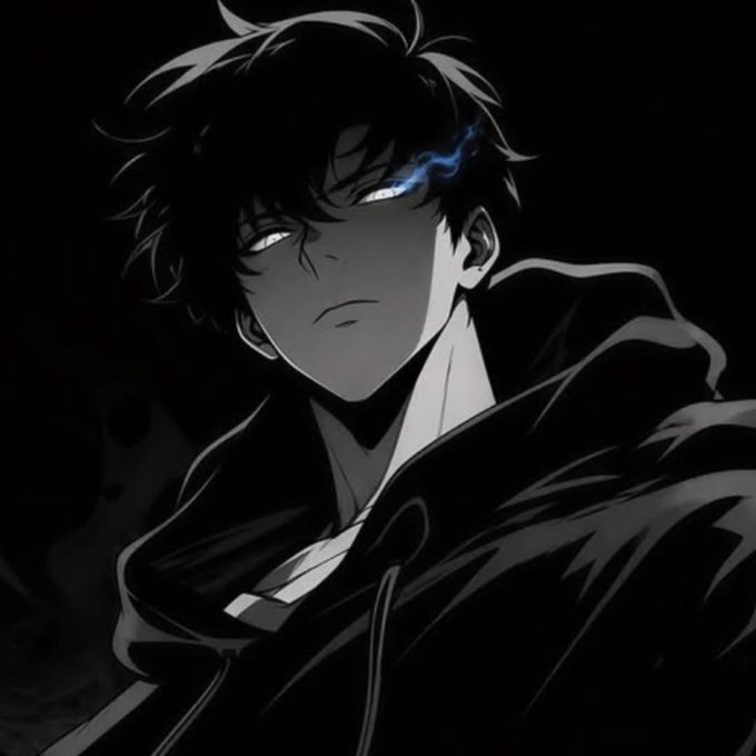 A dark, stylized anime-style illustration of a young man with messy hair and glowing blue eyes wearing a black hooded jacket.