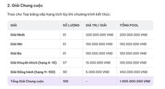 A Vietnamese chart titled 'Giải Chung cuộc' showing tournament rankings with players like 'Giải nhất', 'Giải nhì', and 'Giải ba' along with their prize money in VND.