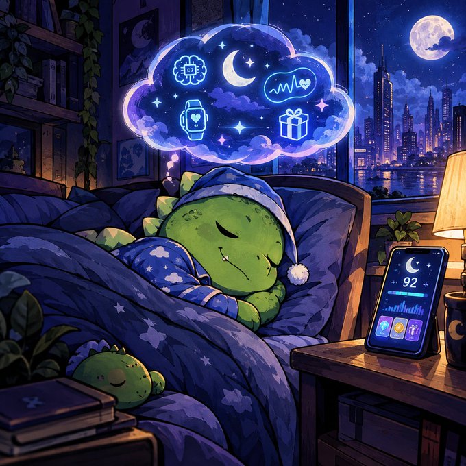 A digital illustration shows a sleeping green dinosaur-like character wearing a blue nightcap and pajamas, dreaming of a cloud containing icons of a microchip, crescent moon, smartwatch, heartbeat line, and gift box. A phone on the nightstand displays "92" with a moon icon, suggesting a sleep tracking app.