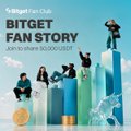 A promotional poster for the Webtoon Club event 'Bitget Fan Story' dated 4th October 2024, featuring illustrations of characters on tall cylindrical columns.
