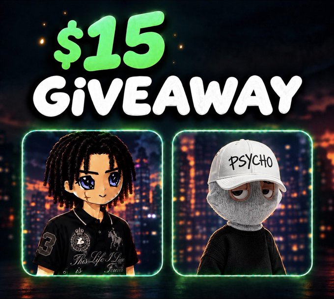 This image is a promotional graphic announcing a $15 giveaway, featuring the bold green and white text "$15 GIVEAWAY" prominently at the top against a city skyline backdrop at night. Two stylized avatar portraits are displayed in neon-outlined frames below the headline: the left shows a character with dreadlocks and purple eyes wearing a dark Polo shirt, while the right depicts a figure in a gray ski mask and white cap with "PSYCHO" written on it. The accompanying post mentions following @psychononumber with notifications on and commenting a Solana address to win, which ties directly into the giveaway featured in the graphic, with the masked "PSYCHO" avatar likely representing the account host promoting the cash prize.