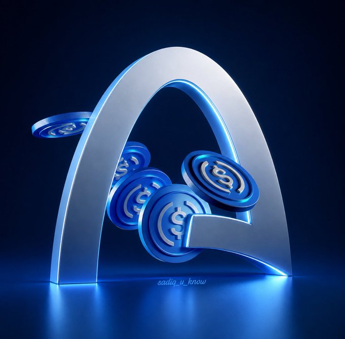 A 3D-rendered silver archway glowing with blue neon light, filled with floating blue dollar-sign coins, watermarked 'sadiq_u_know'.
