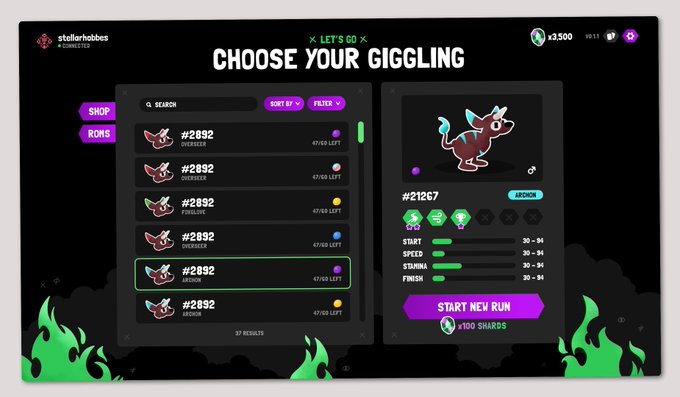 The image displays the Gigaverse game interface titled "CHOOSE YOUR GIGGLING," showing a selection of "Gigglings" (NFT-like characters) where the user has selected "#2892 ARGOAN," with the selected character (#21267 ARGOAN) displayed on the right showing stats of 30-94 across Start, Speed, Stamina, and Finish, and a "START NEW RUN" button requiring 100 Shards. The image relates to the post by showcasing the interface of the @playgigaverse game, the platform where the author won the "Onboarding" prize in the hackathon for building this project.