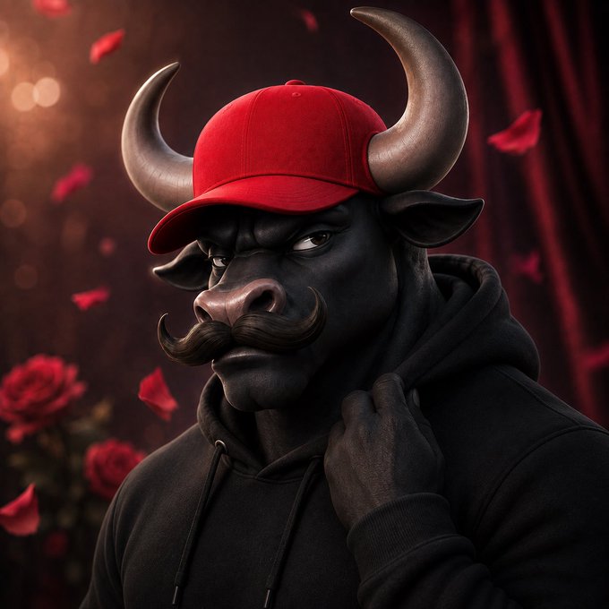 A digital illustration of an anthropomorphic black bull wearing a red baseball cap and a black hoodie, with a prominent curled mustache and horns, set against a backdrop of red curtains and rose petals.