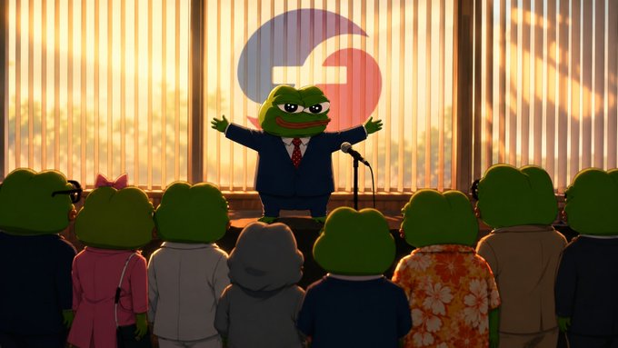 An animated scene showing a frog-like character in a suit standing at a podium with arms outstretched, addressing a crowd of frog-like audience members, with a Google logo visible in the background.