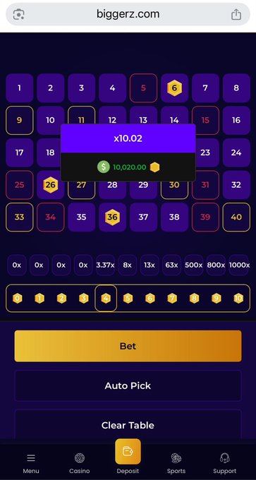 A mobile screenshot from biggerz.com showing a crypto betting grid with numbers 1-40 and multipliers, with a popup displaying a 10.02x win and $10,020.00 payout, alongside Bet, Auto Pick, and Clear Table buttons.