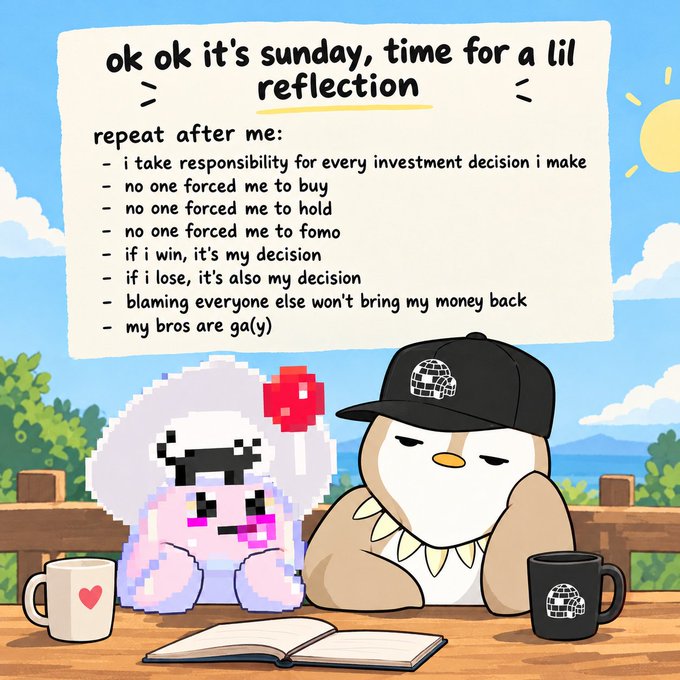 A pixel-style sheep wearing sunglasses and a cartoon bird with a disco-ball cap sit at an outdoor table with coffee mugs and an open journal beneath a banner reading "ok ok it's sunday, time for a lil reflection" followed by investment accountability affirmations ending with "my bros are ga(y)." The whimsical illustration reinforces the post's Sunday self-reflection theme about taking personal responsibility for investment wins and losses.