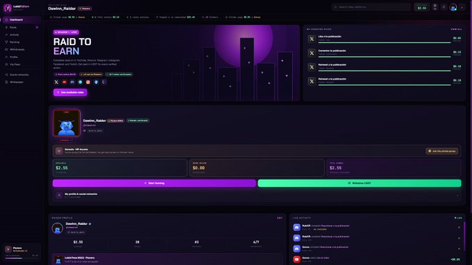 A dark-themed web dashboard interface with the header 'RAID TO EARN' showing user profile, earnings of $2.35, and XP progress bars in purple and green.