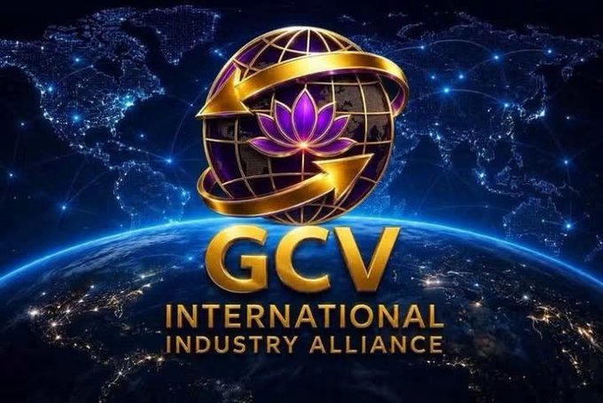 A digital logo for "GCV INTERNATIONAL INDUSTRY ALLIANCE" featuring a golden globe with a purple lotus emblem, set against a backdrop of Earth from space.