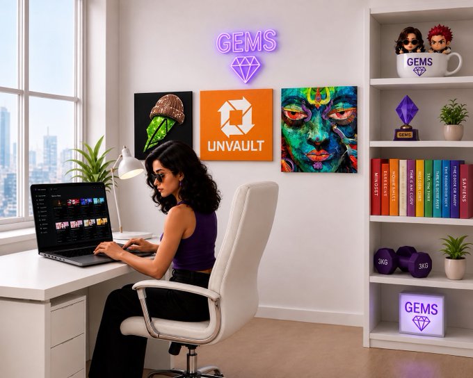 A woman works at a laptop in a stylish office adorned with "GEMS" neon signage and artwork featuring "UNVAULT" alongside a colorful portrait, complemented by a bookshelf displaying collectibles and 3KG dumbbells.

The image visually reinforces the post by showcasing the "GEMS" brand alongside the highlighted "UNVAULT" collaboration artwork on the wall.