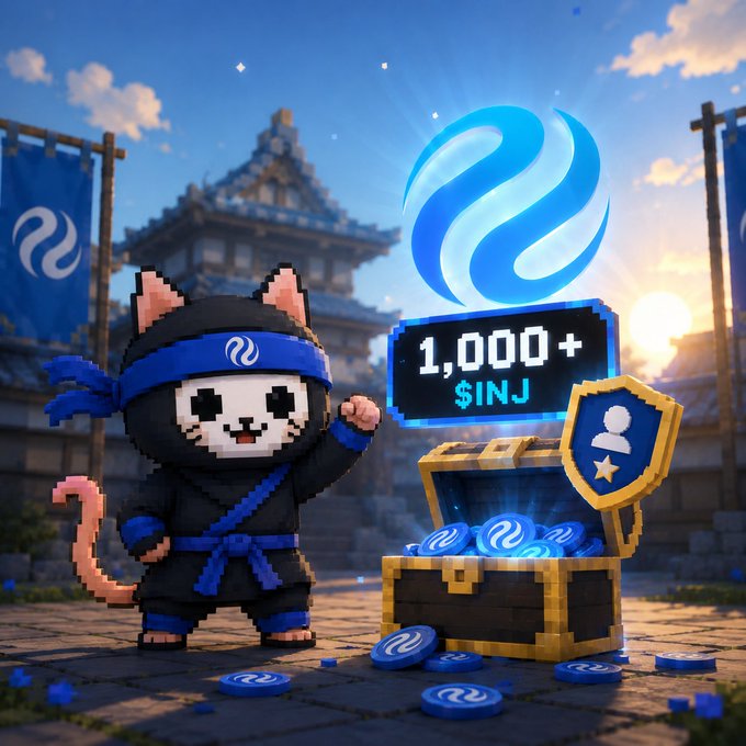 A digital artwork depicts a pixelated cat dressed as a ninja next to a treasure chest full of blue coins, with a sign displaying "1,000+ $INJ" and the Injective blockchain logo above.