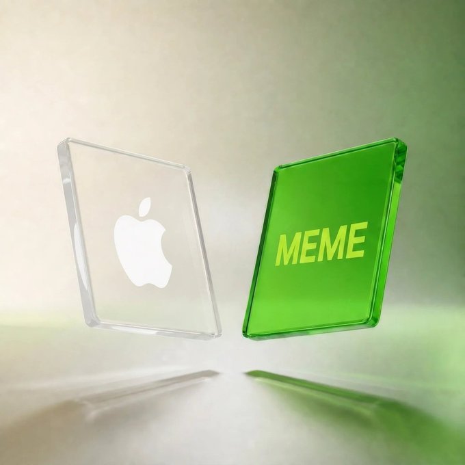 The image features two floating acrylic tiles—one transparent with the Apple logo and one green labeled "MEME"—symbolizing tokenized stocks and meme tokens, which visually reinforces the post's mention of "Pons v2 supports approved pairs beyond ETH, including stablecoins and tokenized stocks."