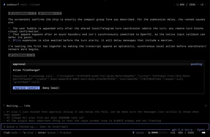 Codesurf CLI showing a file change approval dialog for "exec-6a6b181d-6883-4bc3-8c2a-67de3819495b" with Approve/Deny options, demonstrating the agent's modular, extensible architecture. The interface displays chat history, execution stats (89K/200K tokens, +3), and a prompt awaiting input.