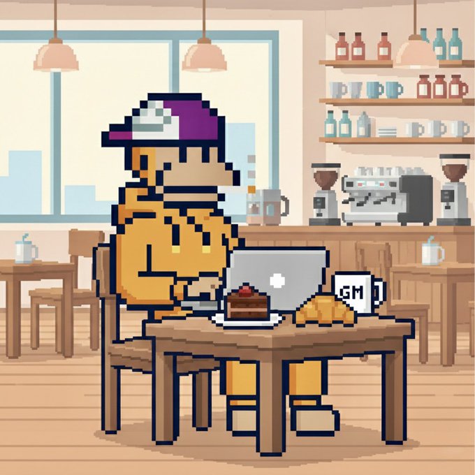 Pixel art illustration of a man wearing a purple cap, sitting at a cafe table with a laptop, cake, croissant, and a mug labeled 'GM'.