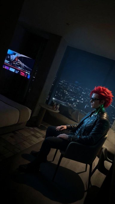 A person with red spiky hair, sunglasses, and a black leather jacket sits in a chair watching TV in a dimly lit high-rise room with a nighttime city view through the window.