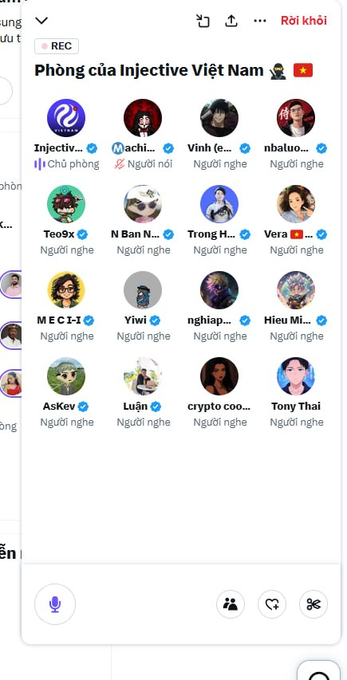 A screenshot of a Vietnamese Discord-like voice room titled 'Phòng của iInjective Việt Nam' showing multiple user avatars, with one host and many listeners including names like 'Teo9x', 'MỆ C 1-1', and 'AsKev'.