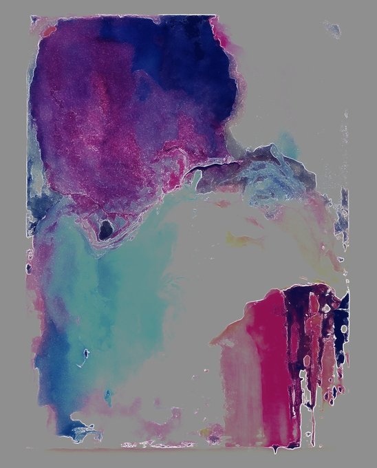 An abstract painting with washes and drips of purple, magenta, teal, and dark blue against a gray background.