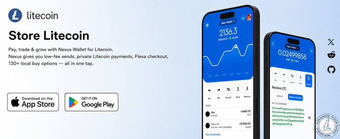 An advertisement for the Nexus Wallet app for Litecoin, showing phone screens with cryptocurrency data and 'Download on the App Store' and 'Get it on Google Play' buttons.