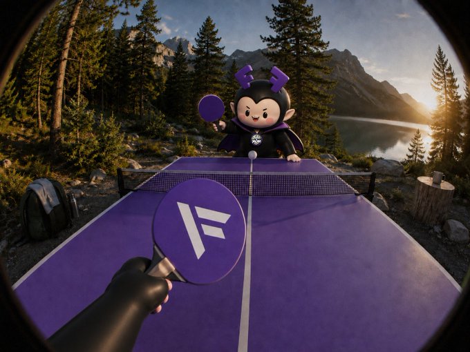 Two cartoon mascots—one wearing a purple "FameEX" hoodie with antlers, the other holding a paddle marked with the "F" FameEX logo—play a friendly game of purple ping pong on a lakeside table surrounded by pine trees and mountains at sunrise, perfectly capturing the post's invitation to enjoy a lively Sunday morning workout with FaFa & MeMe.