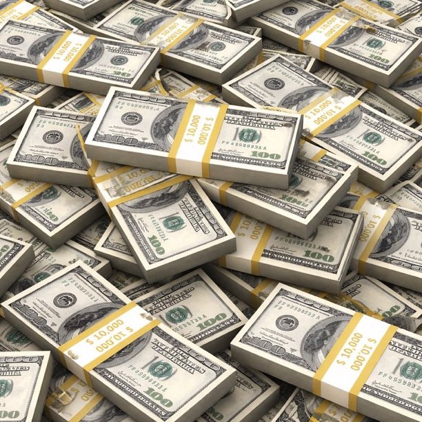 Stacks of $10,000 US currency bundles fill the frame, emphasizing the massive financial scale behind the rollout of XRP, XLM, HBAR, and DOGE. The imagery of piles of cash visually reinforces the post's theme of large-scale crypto integration and potential future expansion to BTC, ETH, and SOL.