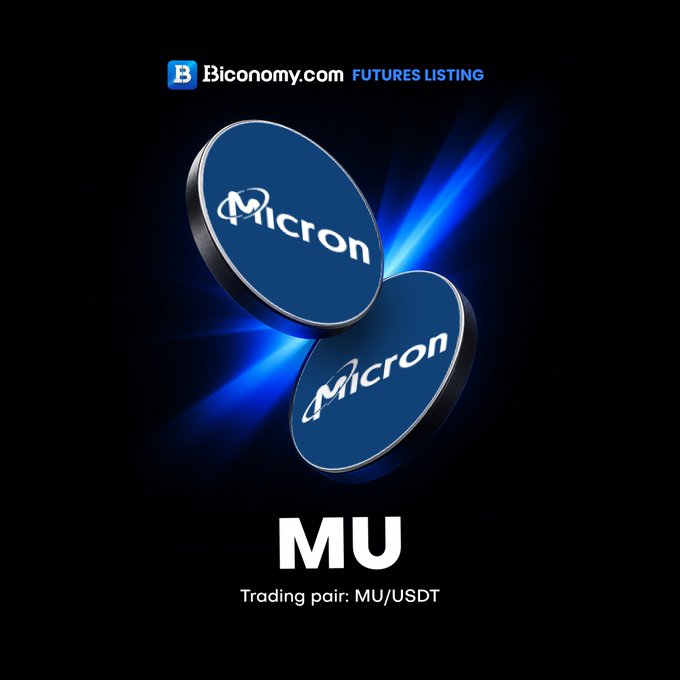 A Biconomy.com promotional graphic announcing a new futures listing for Micron (MU), featuring two blue circular Micron logos with glowing light effects and displaying the trading pair MU/USDT alongside the MU ticker symbol.
