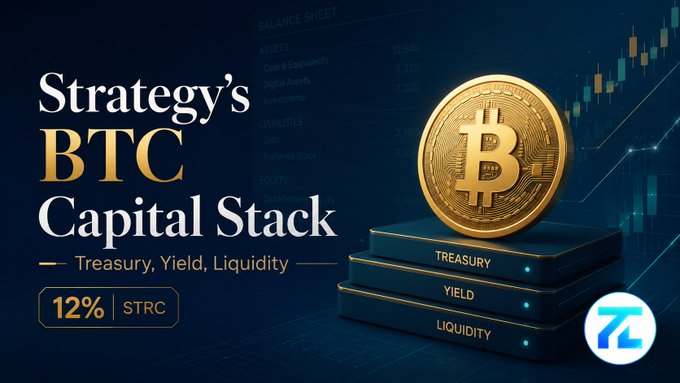 A financial graphic titled 'Strategy's BTC Capital Stack' showing a gold Bitcoin on blocks labeled 'TREASURY', 'YIELD', and 'LIQUIDITY', with '12% | STRC'.