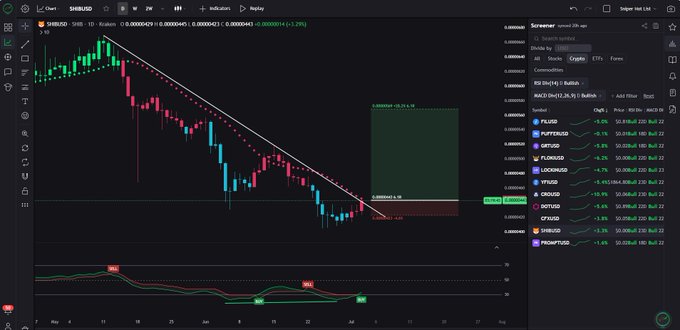 The image shows a TradingView chart of SHIB/USD on a daily timeframe, featuring a descending trendline with a drawn rectangle highlighting "0.00000345 (+13.1%)" as a potential upside target of "13.19%", alongside an RSI indicator displaying bullish divergence signals at the bottom.

This visual directly supports the post's analysis by illustrating the bullish divergence setup on $SHIB, with the chart showing price making lower lows while momentum indicators signal a potential breakout above the downward trendline—aligning perfectly with the screener's RSI & MACD bullish divergence discovery.
