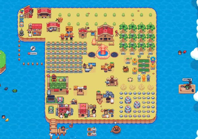 Screenshot of a 2D pixel-art style farming and crafting game, showing an island base with various buildings, crops, storage boxes, and characters.
