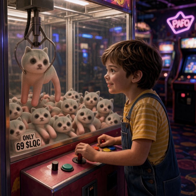 A young boy in a yellow shirt and denim overalls plays an arcade claw machine filled with cat plushies, with a 'PNRO' neon sign visible in the arcade background and a sign reading 'ONLY 69 $LAC'.