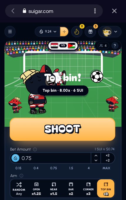 A screenshot of the Suigar.com mobile website showing a World Cup-themed penalty shootout game between UAE and Palestine, where the user has selected "Top bin" with odds of x6 and placed a 0.75 SUI bet (1 SUI ≈ $0.74), reflecting their participation in the Suigar x Slush Wallet World Cup campaign with multiple tickets for the $5000 prize pool.