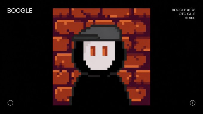 A pixel art NFT-style graphic titled "BOOGLE" showing a character with a cap against an orange patterned background, labeled as "BOOGLE #078, OTC SALE @ 900".