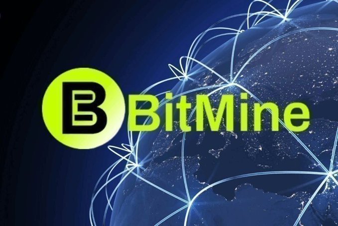 The image displays the BitMine logo featuring a green circular emblem with a stylized "B" alongside the company name, set against a backdrop of a glowing blue digital globe with interconnected network lines. The visual reinforces the post by representing BitMine, the company highlighted as having significantly expanded its Ethereum holdings.