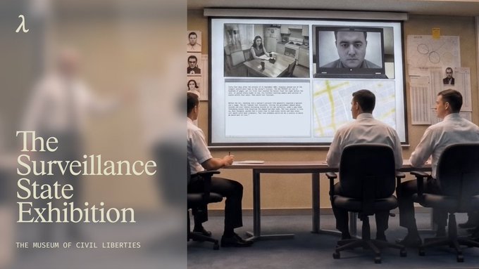 Promotional graphic for 'The Surveillance State Exhibition' at The Museum of Civil Liberties, showing men in a room watching surveillance footage on a large screen.