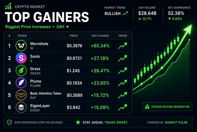 A crypto market dashboard titled 'TOP GAINERS' displays the biggest 24H price increases, featuring tokens Wormhole (W) at $0.3876 (+65.34%), Sonic (S) at $0.6721 (+27.18%), Grass (GRASS) at $1.245 (+26.47%), Plume (PLUME) at $0.1934 (+23.65%), Basic Attention Token (BAT) at $0.2689 (+15.72%), and EigenLayer (EIGEN) at $3.842 (+15.09%), with an overall 24H volume of $28.64B, BTC dominance of 52.38%, and a bullish market trend indicated by an upward candlestick chart labeled 'STRONG BUYING MOMENTUM'.