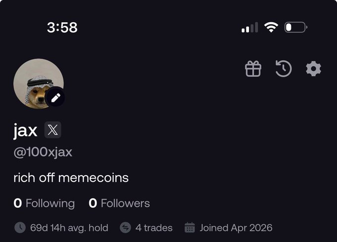 A screenshot of a FOMO trading profile for user "jax" (@100xjax), bio reads "rich off memecoins," showing 0 Following and 0 Followers, joined April 2026, promoting their newly public FOMO account for publicly documenting trades aimed at growing $500 to $1,000,000.
