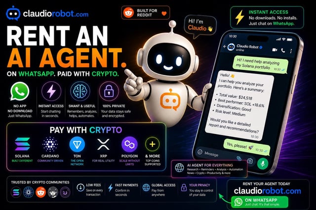 The image features a robot character, possibly a robot or a drone, standing next to a cell phone displaying a message from another person. The text on the image reads "TÍTULO I built an AI agent you can rent on WhatsApp and pay with CRYPTo". This suggests that there is a service available for renting out an AI agent through WhatsApp messaging, which could be used for various purposes such as communication or assistance in specific tasks.

The robot character appears to have a friendly demeanor, giving the impression of a helpful AI agent. The cell phone displaying the message from another person indicates that this AI agent is being used to communicate with someone outside the image. Overall, the image conveys an interesting concept related to AI agents and their potential applications in everyday life.