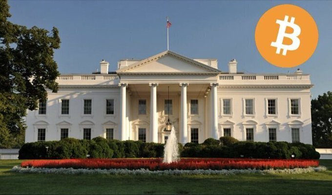 The image shows the White House with a Bitcoin logo overlaid in the upper right corner, visually connecting the Trump administration's political push to advance the Clarity Act with the cryptocurrency industry. The accompanying headline about Senate Republicans aligns with this depiction of governmental action involving crypto regulation.