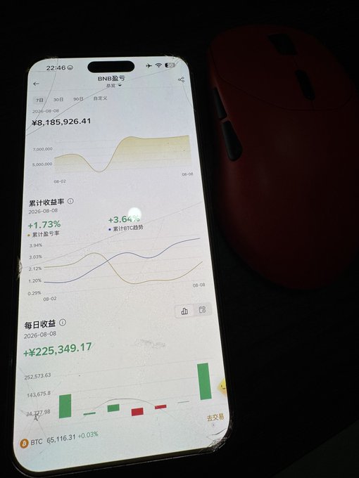 An iPhone displays a financial portfolio app showing a BNB position worth ¥8,185,926.41 with a +3.64% trend and +¥225,349.17 in daily gains (BTC at 65,116.31), alongside a red wireless mouse on a dark desk—visualizing the user's bullish bet on BNB ahead of the next market cycle.